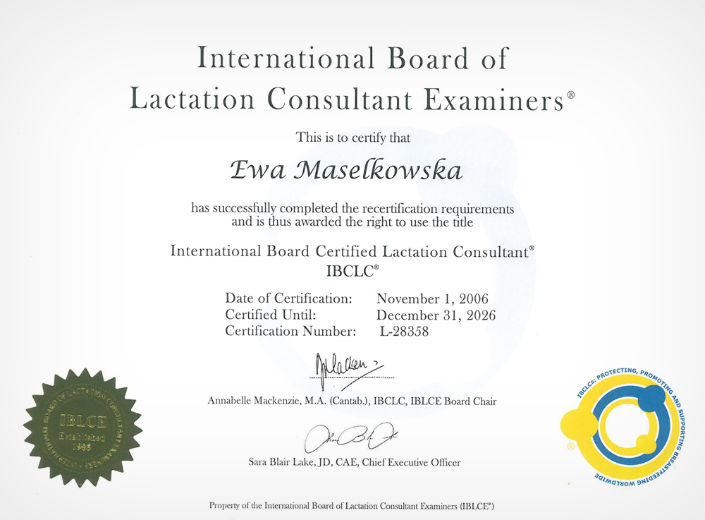 Ewa Maselkowska - IBCLC Certyﬁkate